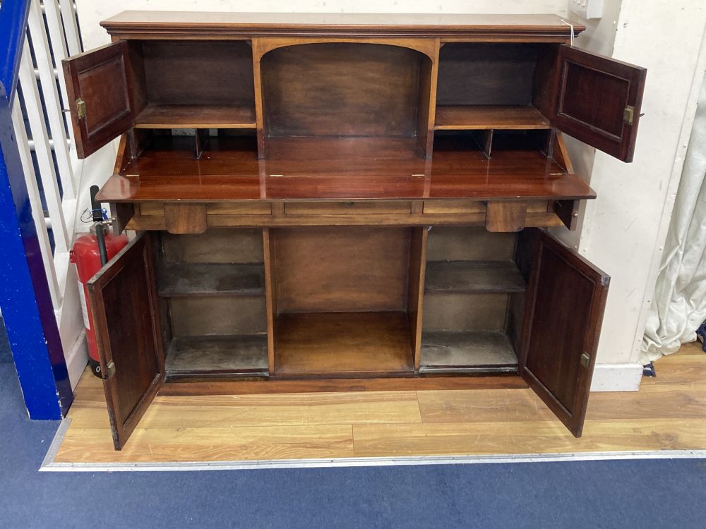 A panelled mahogany secretaire cabinet, width 119cm, depth 37cm, height 109cm